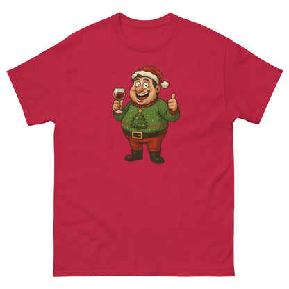 Red t-shirt with a cartoon character holding a glass of wine and giving a thumbs up on a white background