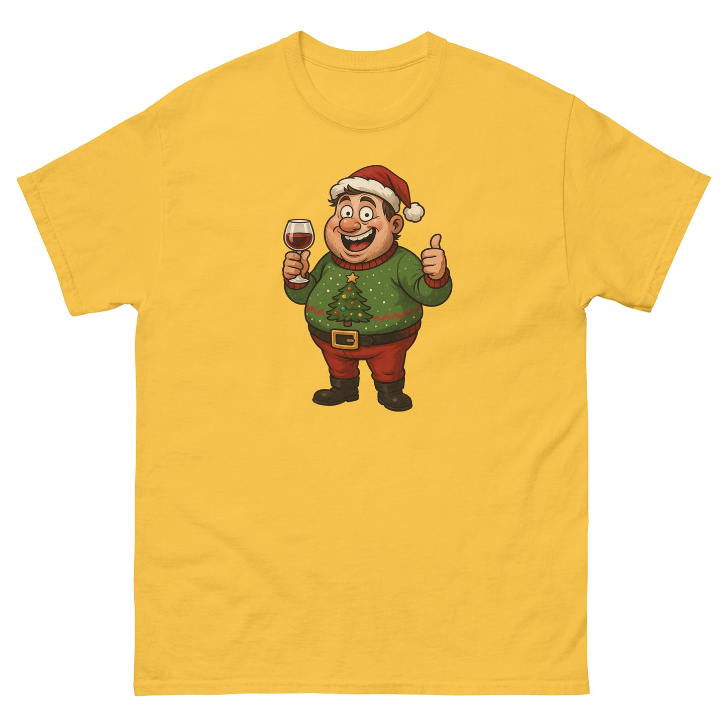 Yellow t-shirt with a cartoon character holding a glass of wine and giving a thumbs up on a white background.