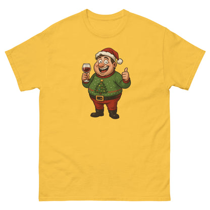 Yellow t-shirt with a cartoon character holding a glass of wine and giving a thumbs up on a white background.