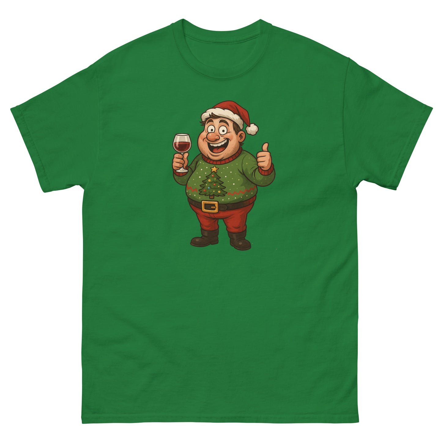 Green t-shirt with a cartoon character holding a glass of wine and giving a thumbs up on a white background.