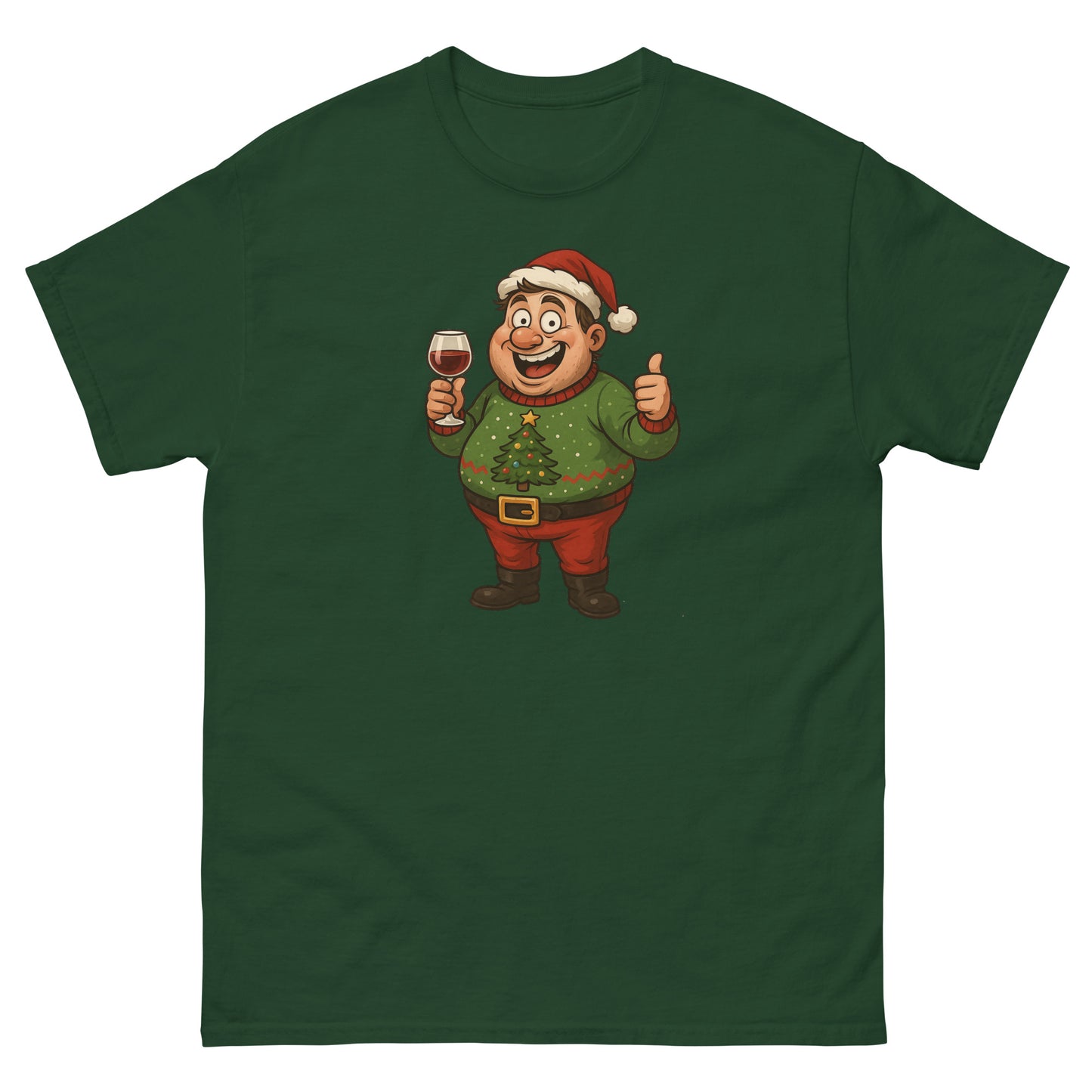 Green t-shirt with a cartoon character holding a wine glass and giving a thumbs up on a white background