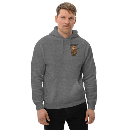 Man wearing a gray hoodie with a logo on a white background