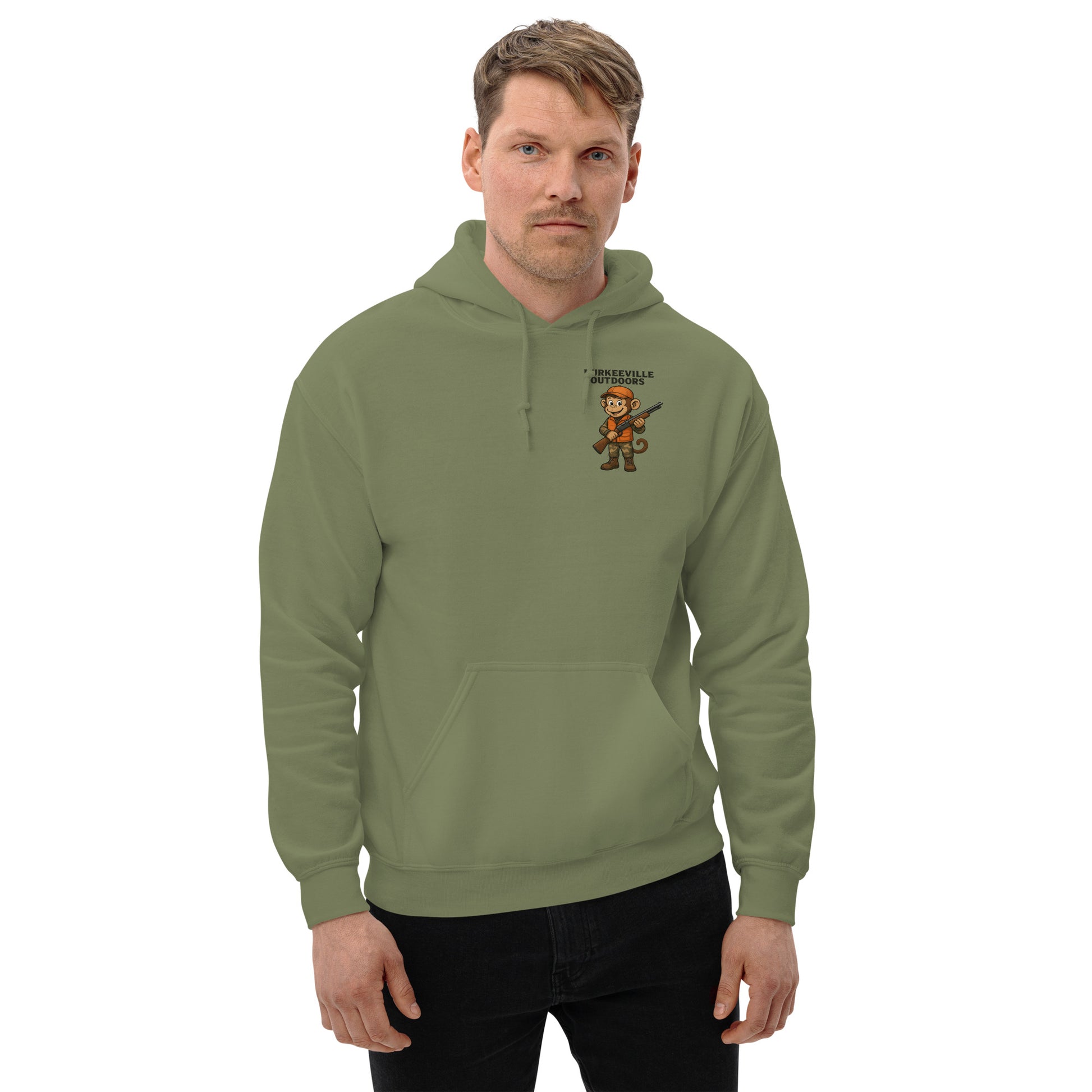 Man wearing a green hoodie with a logo on a white background