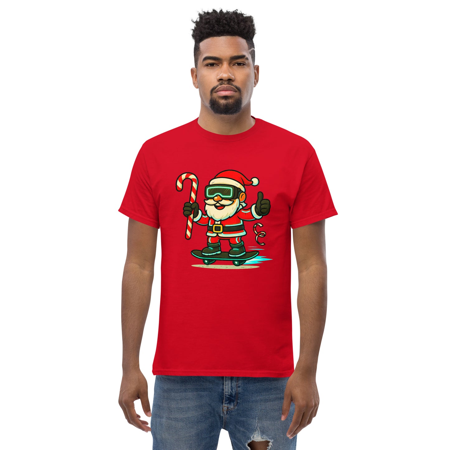 Person wearing a red t-shirt with a Santa Claus graphic on a white background