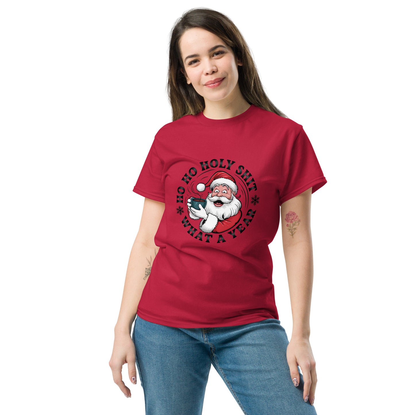 Person wearing a red t-shirt with a graphic design on a white background