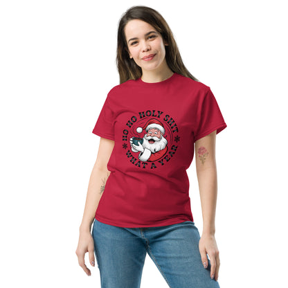Person wearing a red t-shirt with a graphic design on a white background