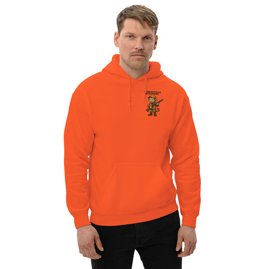 Man wearing an orange hoodie with a graphic design on a white background