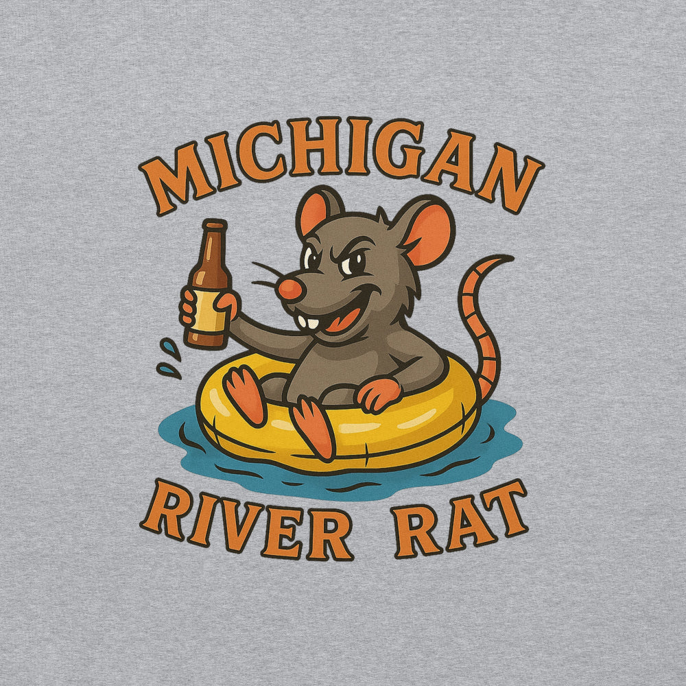 T-shirt design with a rat holding a beer and 'Michigan River Rat' text on a gray background