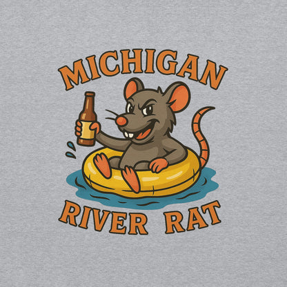 T-shirt design with a rat holding a beer and 'Michigan River Rat' text on a gray background
