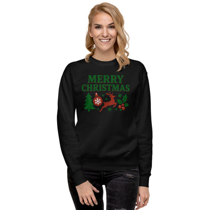 Woman wearing a black Christmas-themed sweatshirt with green text and graphics on a white background
