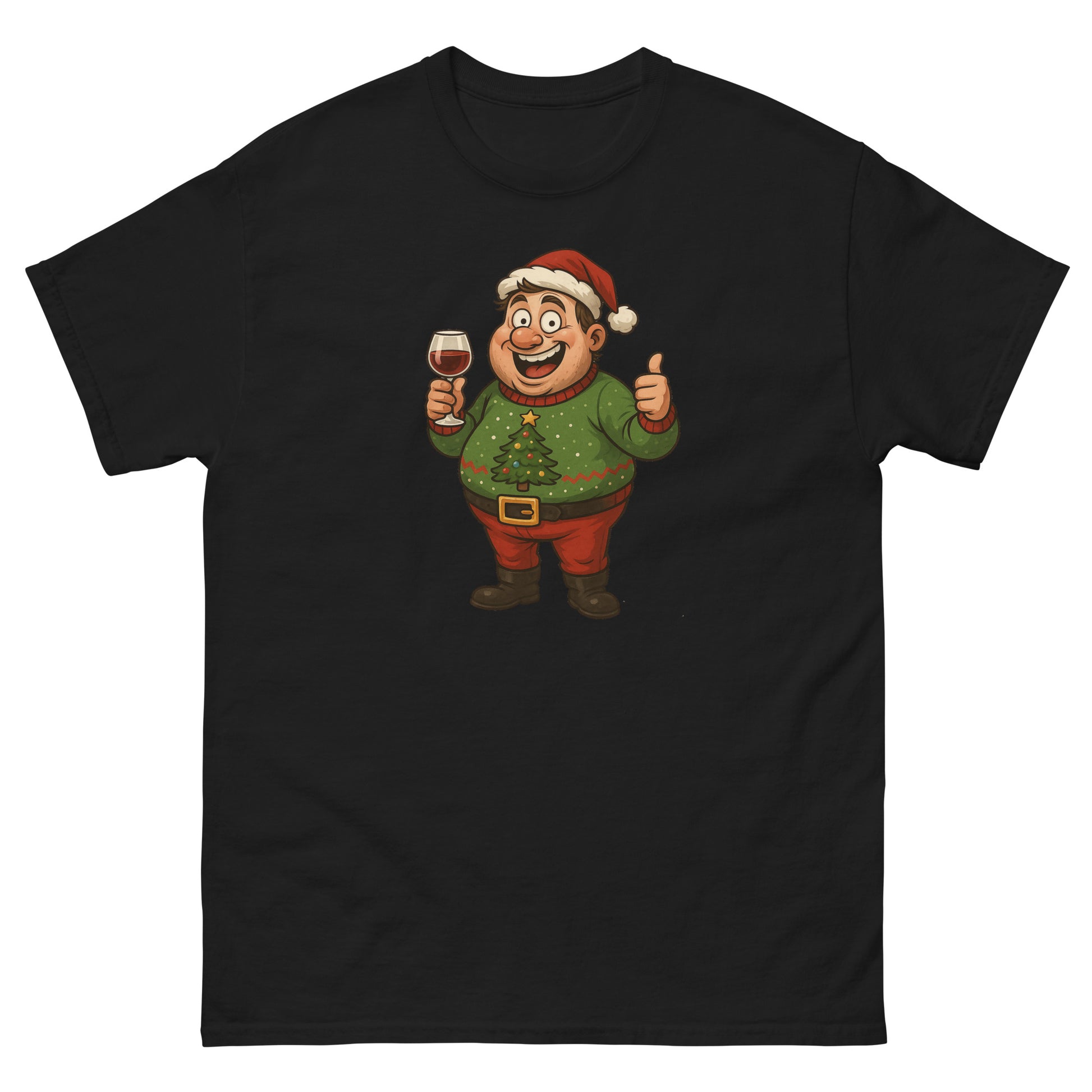 Black t-shirt with a cartoon character holding a glass of wine and giving a thumbs up on a white background.