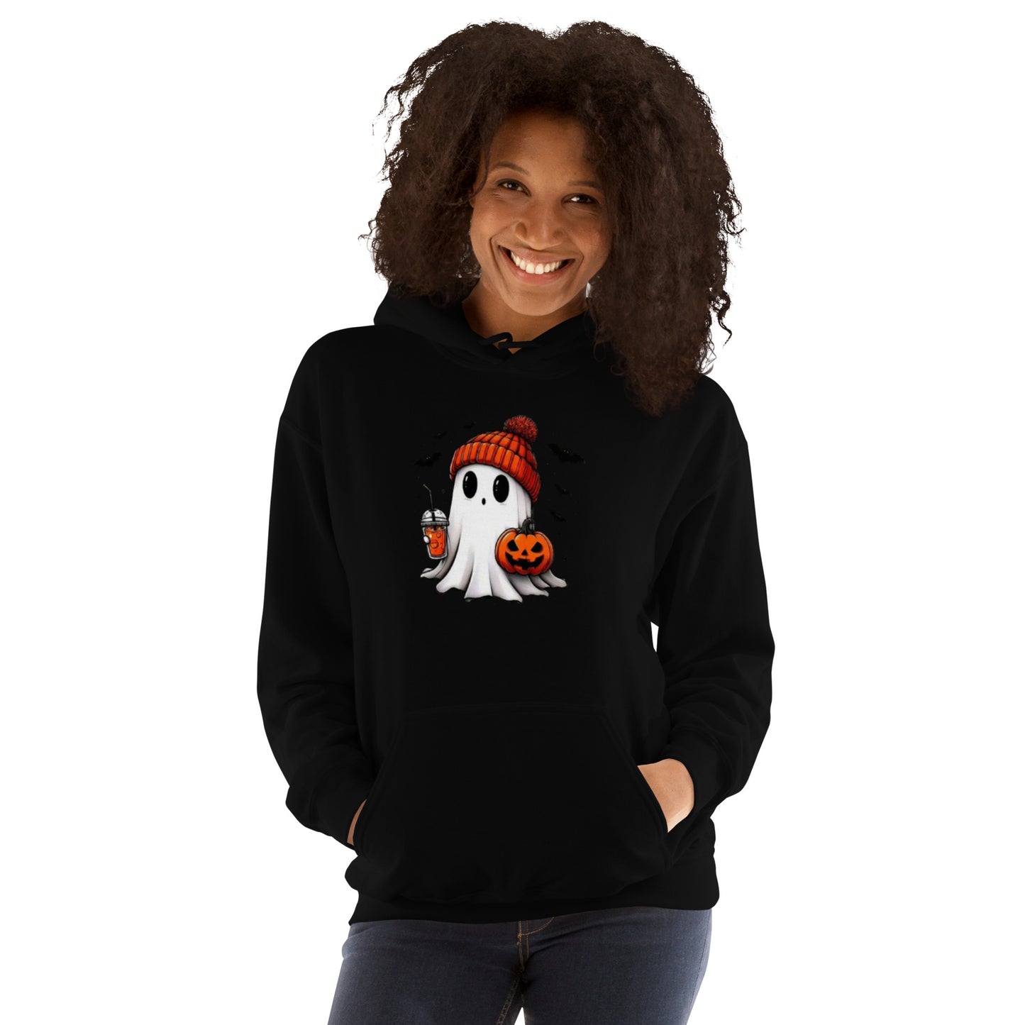 Person wearing a black hoodie with a Halloween-themed design on a white background
