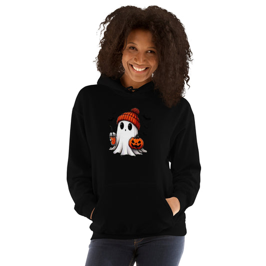 Person wearing a black hoodie with a Halloween-themed design on a white background