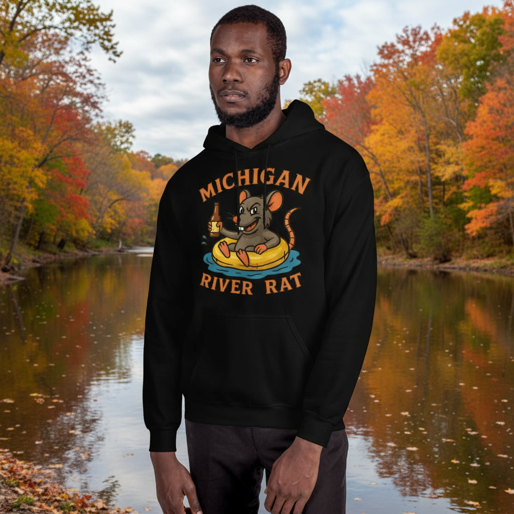 Person wearing a black hoodie with 'Michigan River Rat' graphic design on a white background