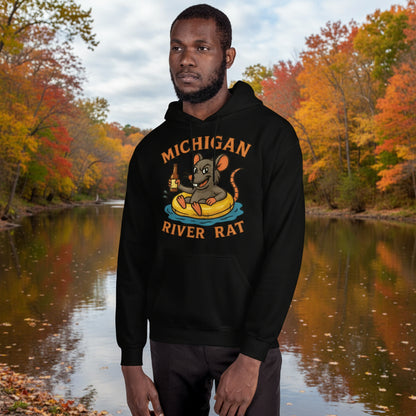 Person wearing a black hoodie with 'Michigan River Rat' graphic design on a white background