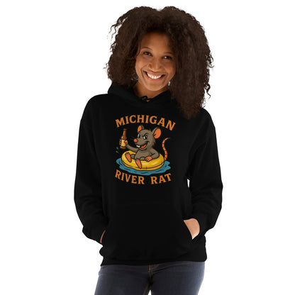 Person wearing a black hoodie with 'Michigan River Rat' graphic design on a white background