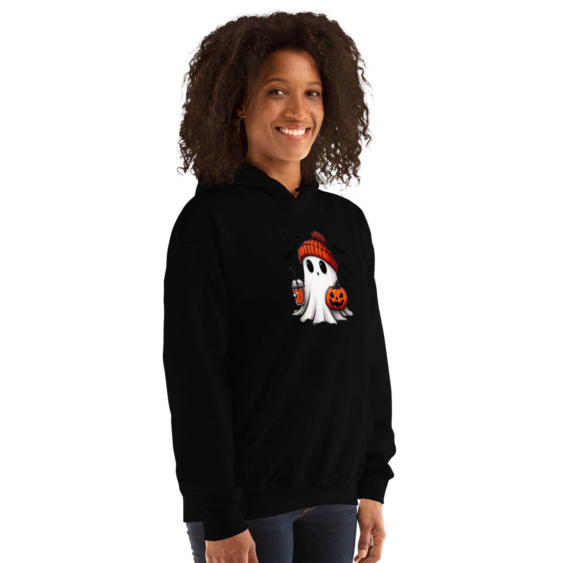 Person wearing a black hoodie with a Halloween-themed design on a white background