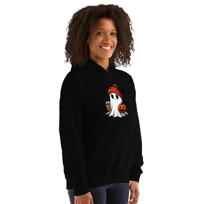 Person wearing a black hoodie with a Halloween-themed design on a white background