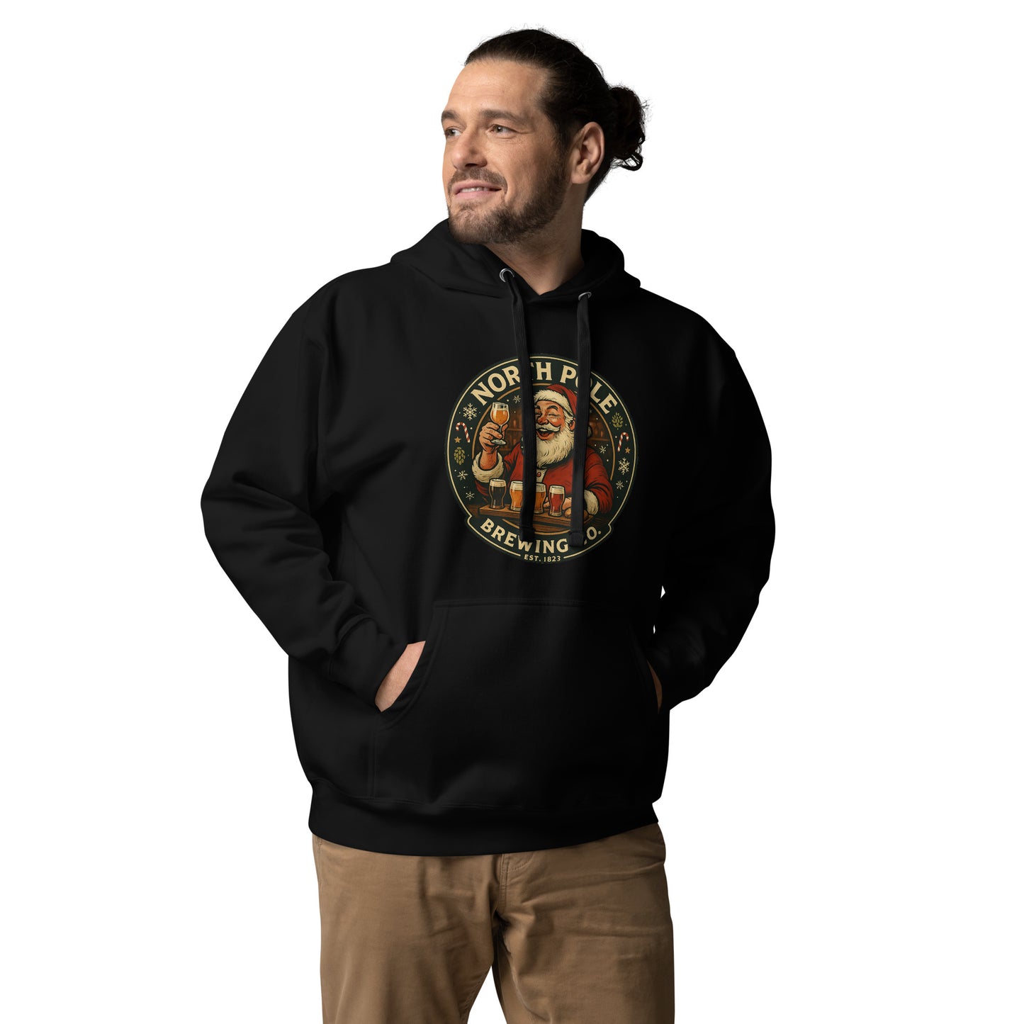 Man wearing a black hoodie with a logo on a white background