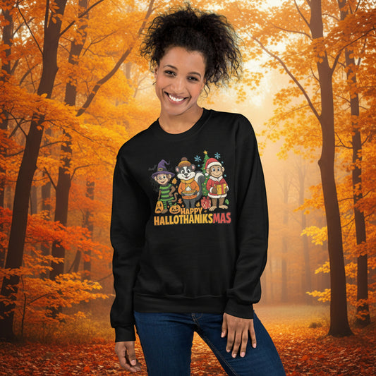 Person wearing a black sweatshirt with 'Happy Hallothanksmas' design against a beige and gray background