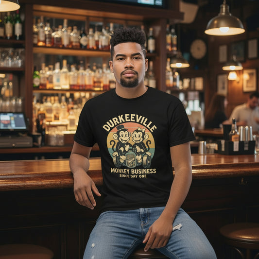 Man wearing a black t-shirt with 'Durkeeville Monkey Business Since Day One' graphic design.