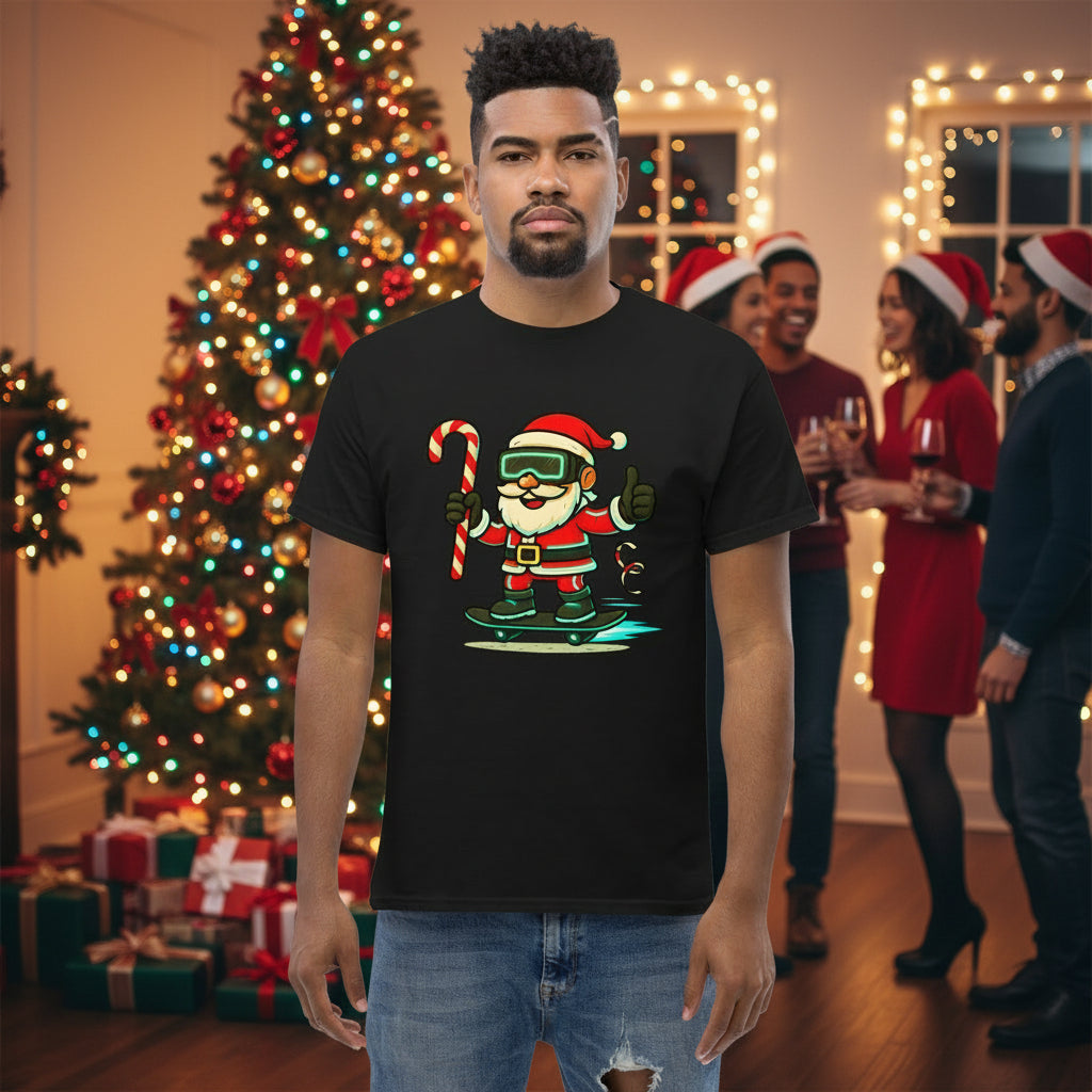 Person wearing a black t-shirt with a Santa Claus graphic holding a candy cane and a gun on a white background