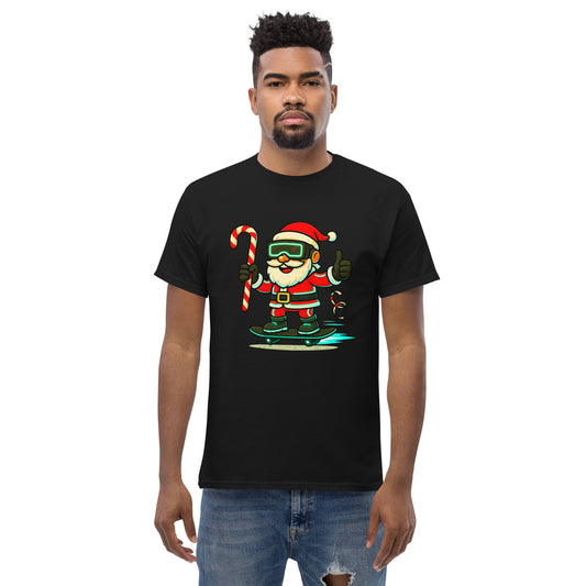 Person wearing a black t-shirt with a Santa Claus graphic holding a candy cane and a gun on a white background