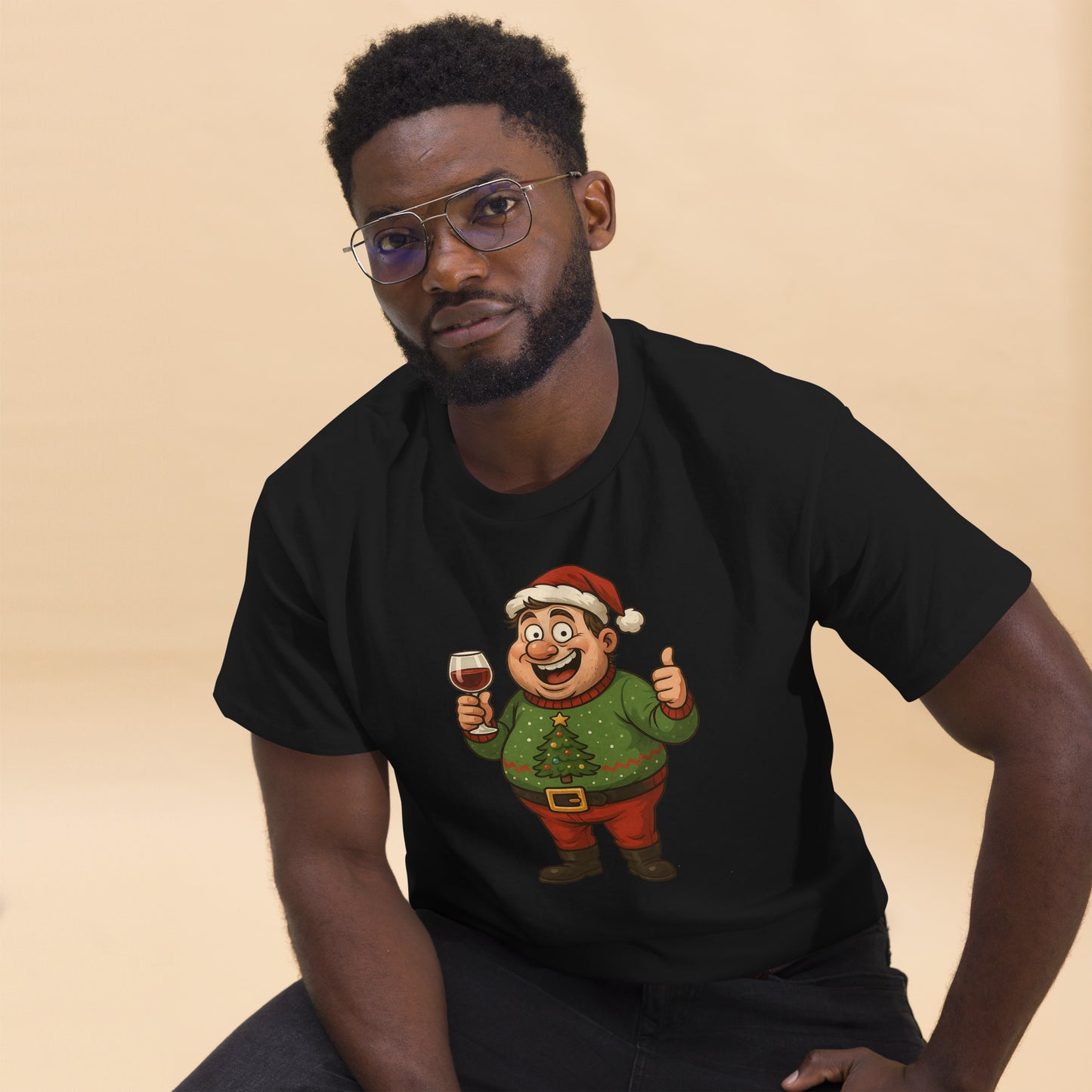 Man wearing a black t-shirt with a cartoon character design on a beige background