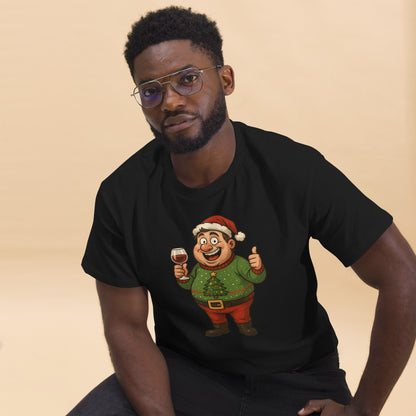 Man wearing a black t-shirt with a cartoon character design on a beige background