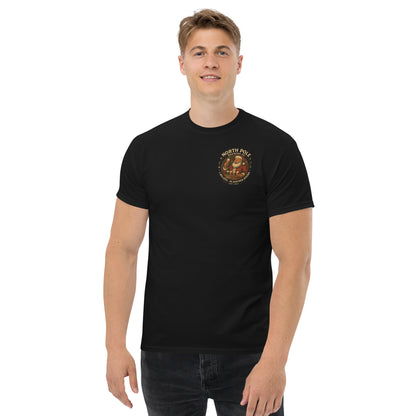 Man wearing a black t-shirt with a logo on a white background