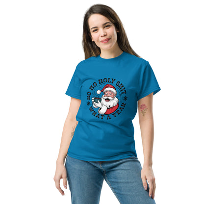 Person wearing a blue t-shirt with a Christmas-themed graphic on a white background