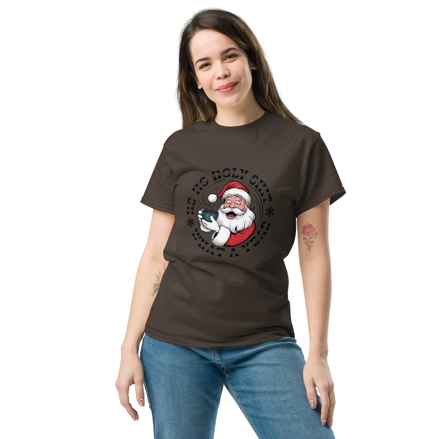 Woman wearing a brown t-shirt with a Santa Claus graphic on a white background