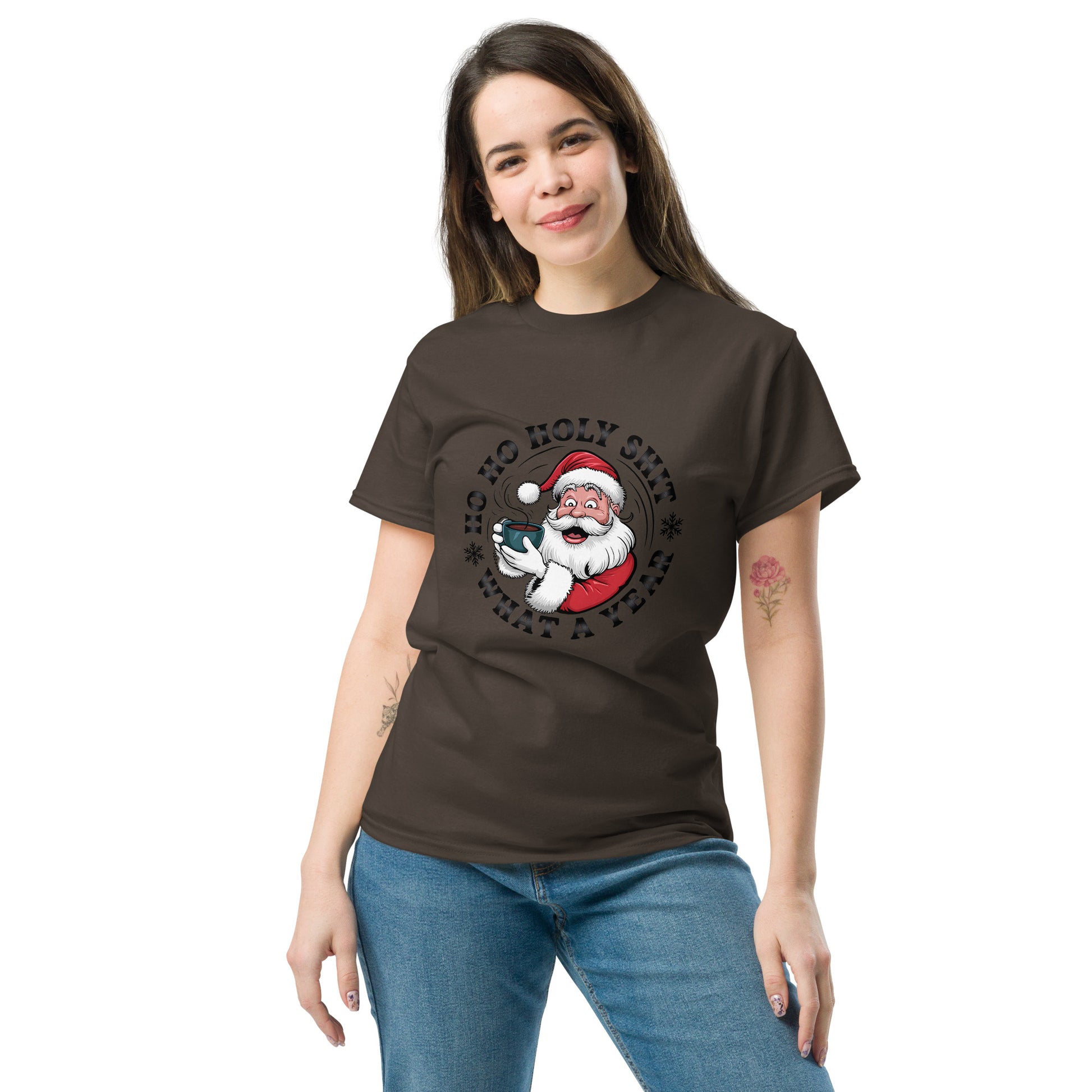 Woman wearing a brown t-shirt with a Santa Claus graphic on a white background