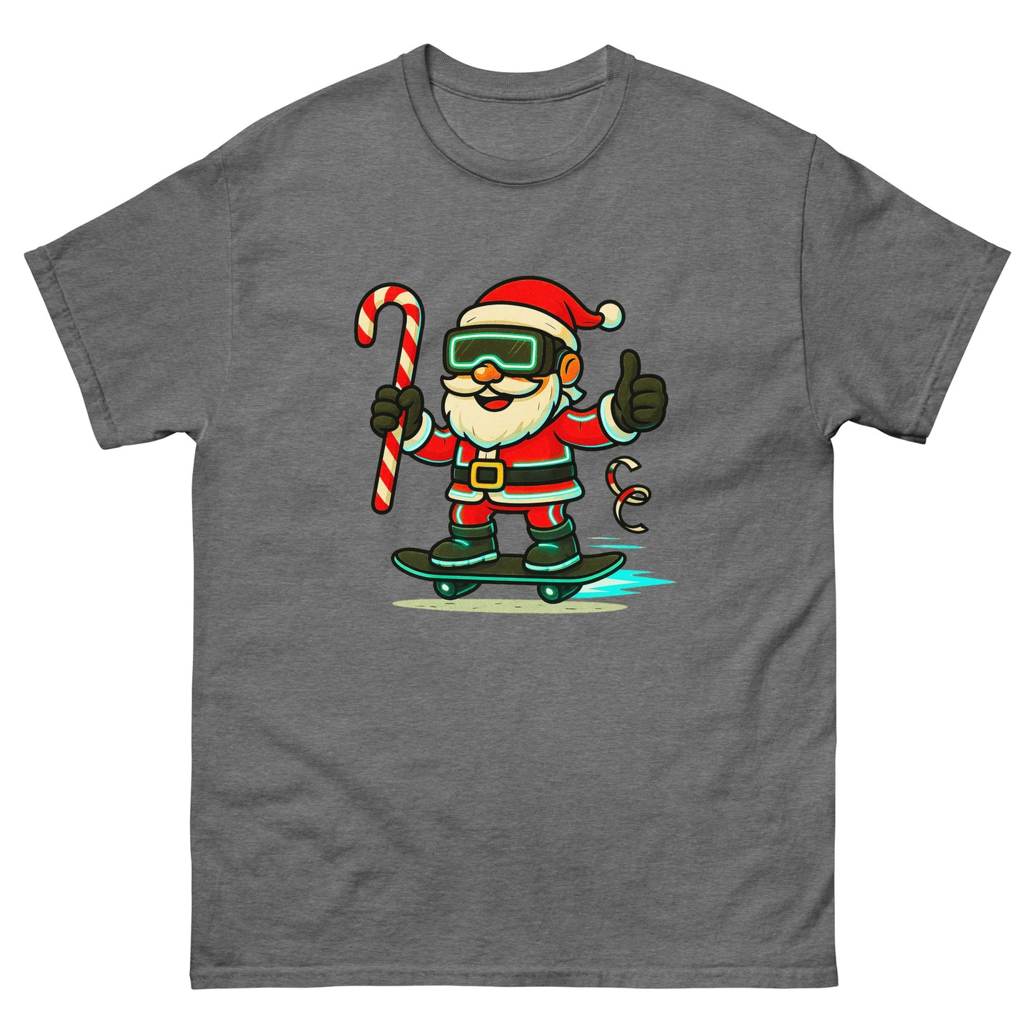 Gray t-shirt with a cartoon Santa Claus holding a candy cane and giving a thumbs up, wearing goggles and a belt.