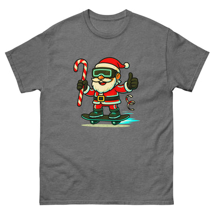 Gray t-shirt with a cartoon Santa Claus holding a candy cane and giving a thumbs up, wearing goggles and a belt.