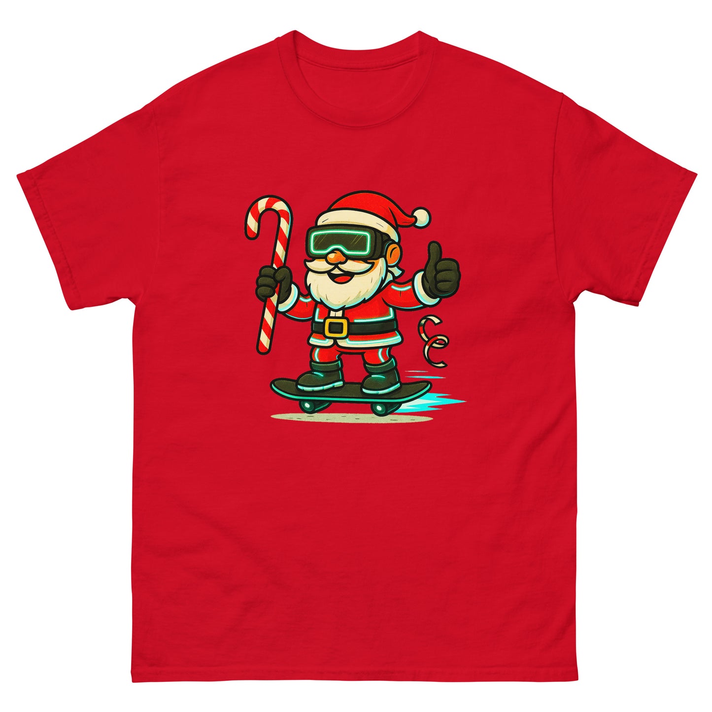 Red t-shirt with a cartoon Santa Claus holding a candy cane and giving a thumbs up on a white background.