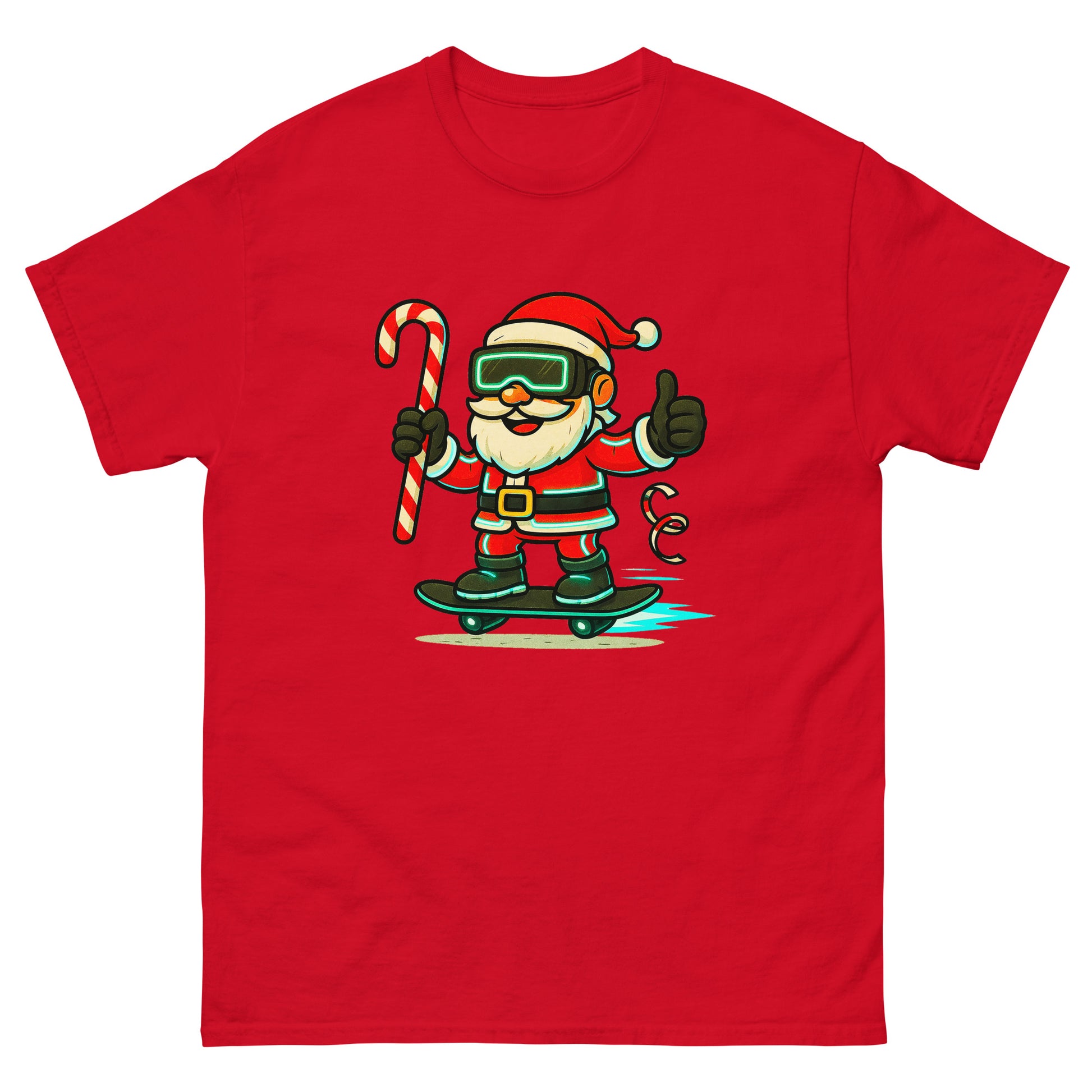 Red t-shirt with a cartoon Santa Claus holding a candy cane and giving a thumbs up on a white background.