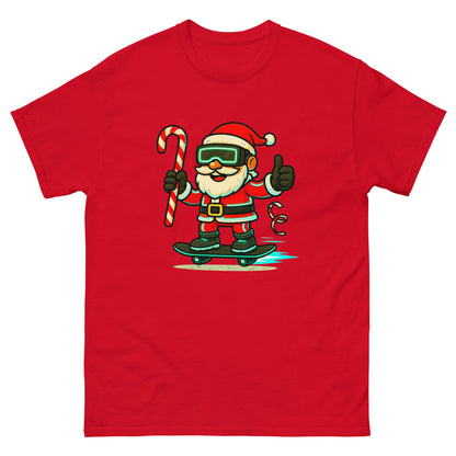 Red t-shirt with a cartoon Santa Claus holding a candy cane and giving a thumbs up on a white background.