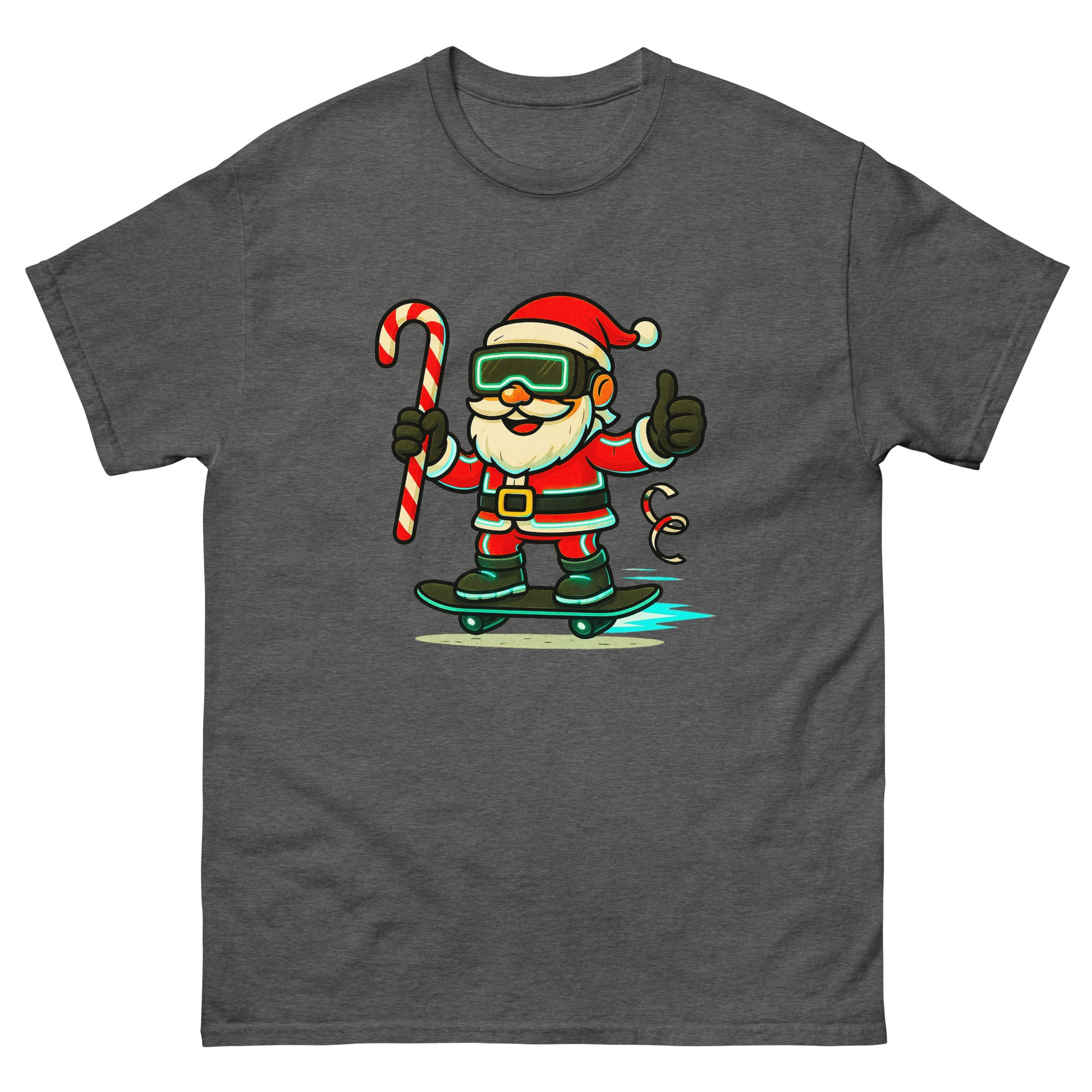 Gray t-shirt with a cartoon Santa Claus on a skateboard holding a candy cane and a gift.