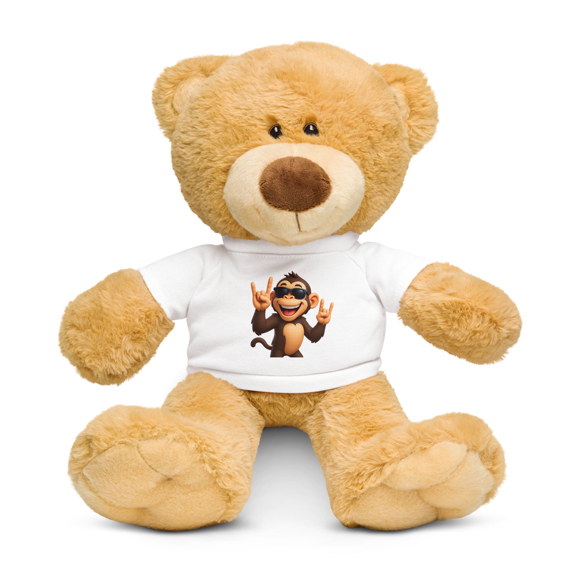 Teddy bear wearing a white t-shirt with a cartoon monkey design on a white background