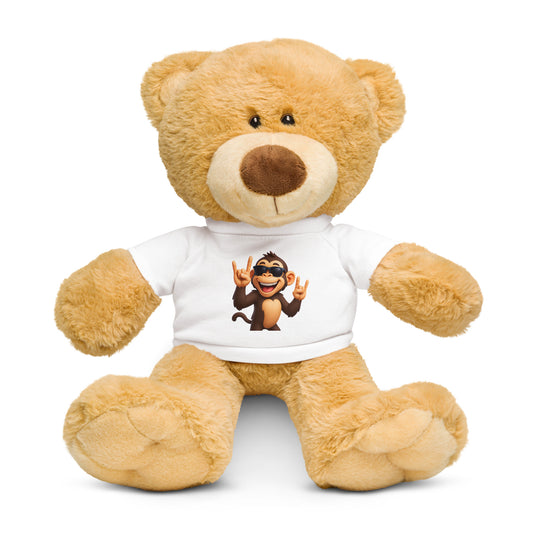 Teddy bear wearing a white t-shirt with a cartoon monkey design on a white background