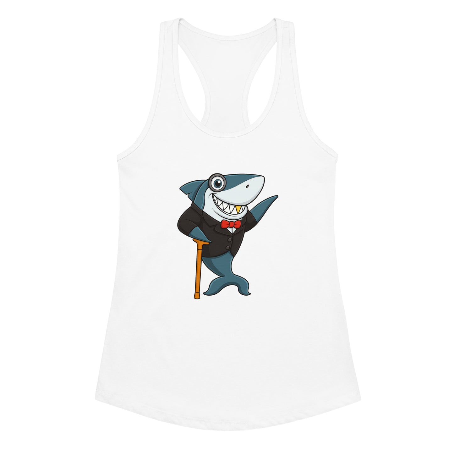 White tank top with a cartoon shark design on a white background