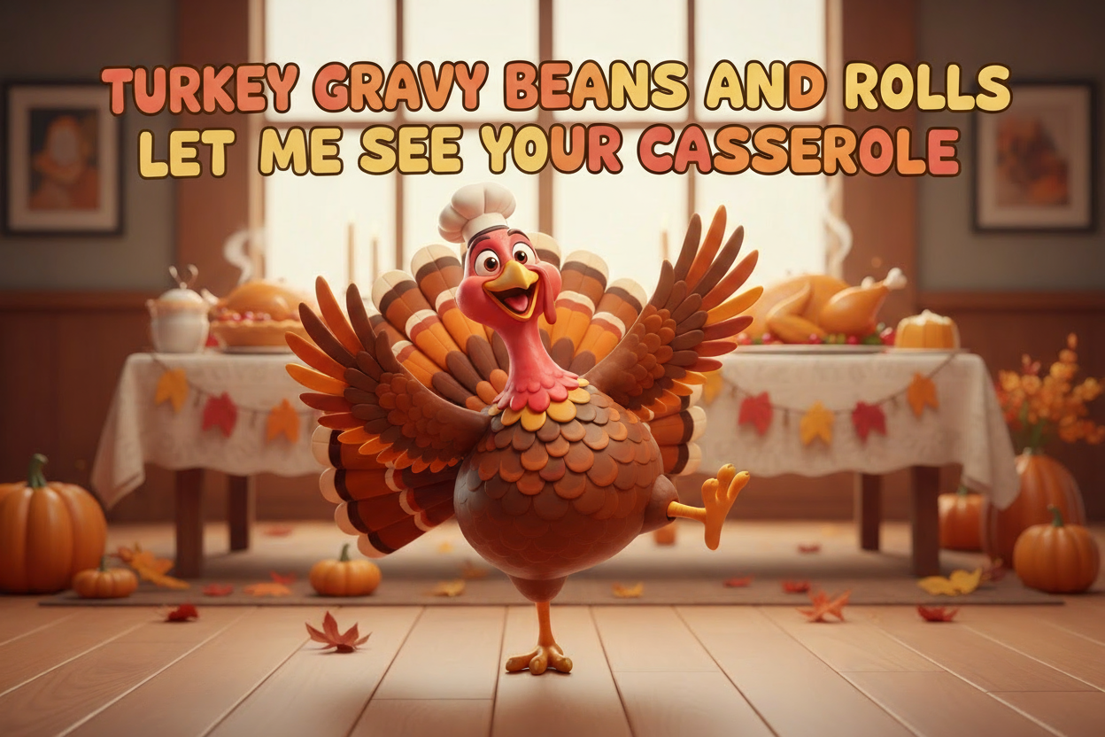 change the saying to turkey gravy beans and rolls let me see your casserole 