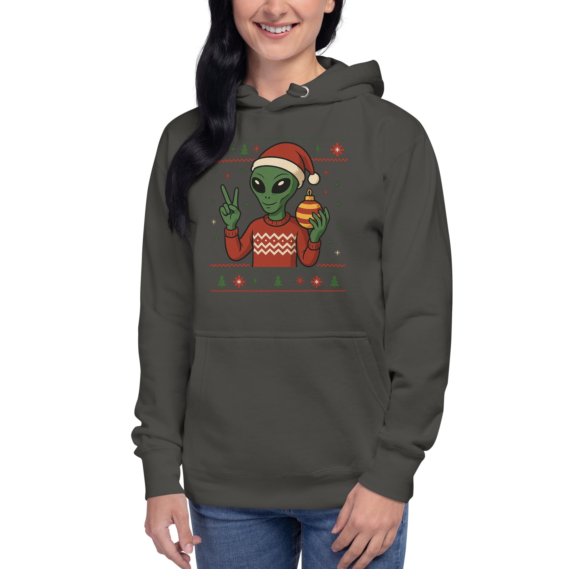 Person wearing a dark gray hoodie with a Christmas-themed alien design on a white background