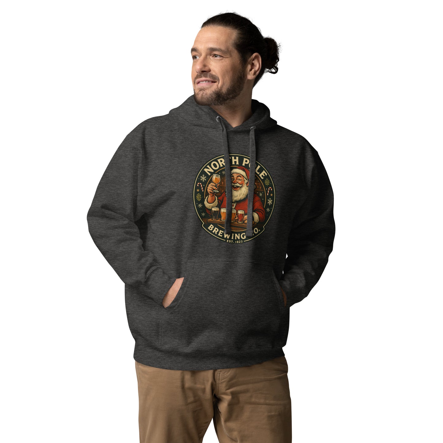 Man wearing a dark gray hoodie with a 'North Pole Brewing' logo on a white background