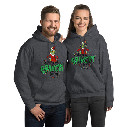 Two people wearing dark gray hoodies with a Grinch design and text.