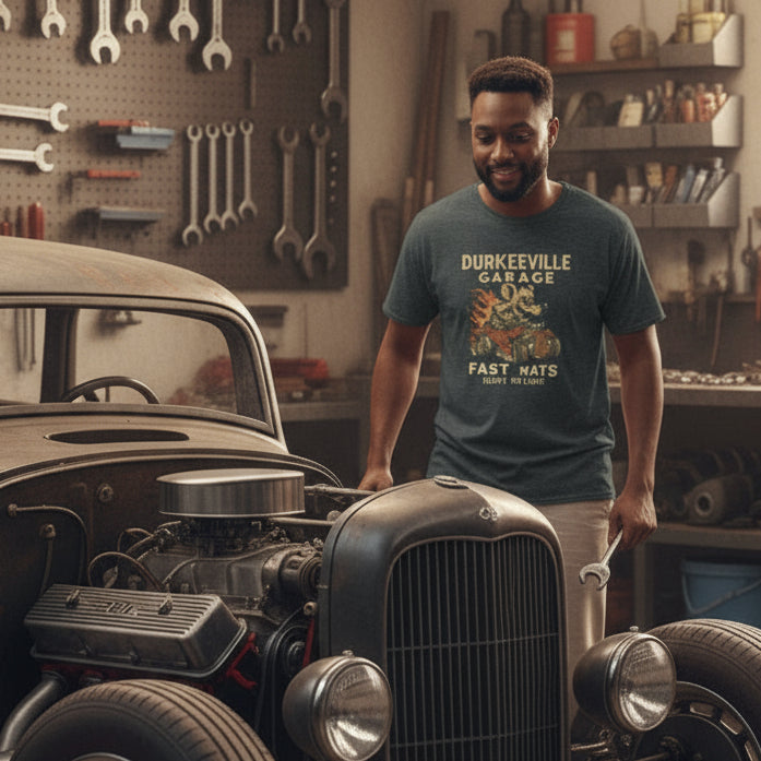 Man wearing a dark gray t-shirt with 'Durkeeville Garage' graphic design on a white background