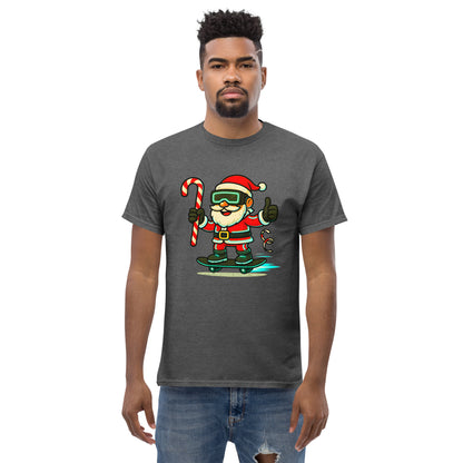Man wearing a dark gray t-shirt with a graphic of a Santa Claus-like character holding a candy cane and goggles on a white background.