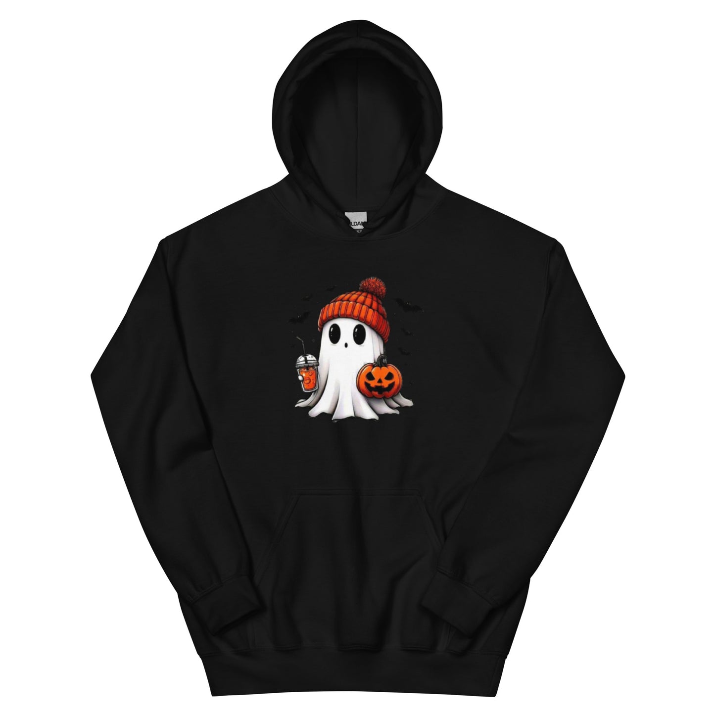 Black hoodie with a ghost wearing an orange beanie and holding a pumpkin design on a white background