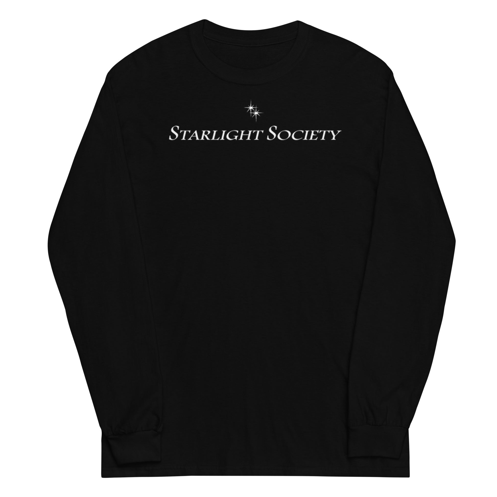 Black sweatshirt with 'Starlight Society' text on a white background